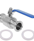 Front view of Beduan stainless steel 1.5in tri-clamp ball valve with blue lever and two white gaskets