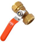 Heavy Duty Brass Ball Valve For Water Heater Inlet Pipe With Reliable Barb Hose Fitting, orange handle and brass fittings.