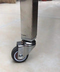 Close-up of Premium Swivel Rubber Caster Wheels Set Of Four Featuring Ball Bearing Spin Silent Glide Action Non Marking Footpads mounted on square tubing.