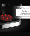 Close-up of Next Level Drip Coffee Maker With Built In Grinder, Digital Display showing heat preservation feature.