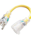 Close-up of 100 Ft Lighted Outdoor Extension Cord With 12 Gauge 3 Wire SJTW Heavy Duty Yellow Cable, 3 Prong Grounded Plug