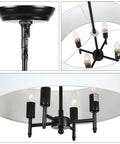 Close-up of 4 Light Drum Chandelier Black Pendant Light With White Fabric Shade, E12 base, adjustable chain, and dimmable features