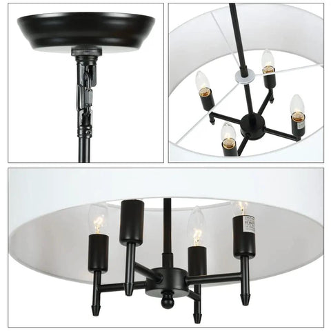 Close-up of 4 Light Drum Chandelier Black Pendant Light With White Fabric Shade, E12 base, adjustable chain, and dimmable features