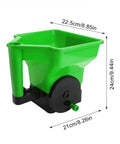 Handheld Fertilizer Spreader For Lawns And Gardens, 3L Capacity, Adjustable Broadcast Spreader with dimensions, green plastic
