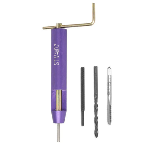 Heavy Duty Helical Wire Inserts For Aluminum Thread Repair M4 x 2D tool kit with installation tool, tap drill bit, and tang breaker.