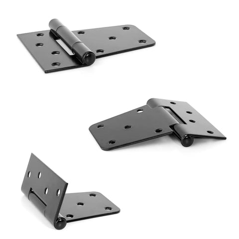 Heavy Duty Black Iron Hinges For Outdoor Barn Shed And Fence Gate Wood Doors 4.5 Inch shown from multiple angles.