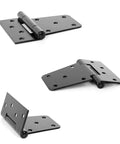 Two Pack Heavy Duty Black Metal Outdoor Hinges Built Like A Tank For Exterior Barn Gates And Sturdy Wood Doors Real Workhorse Grade Zero Rust Guarantee. Close-up view of matte black hinge.