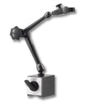 Heavy Duty Magnetic Base Holder With Fine Top Adjustment And Universal Swivel Clamp Handles Three Eighths Inch Six Millimeters Eight Millimeters And Dovetail Central Locking Bearing 70 Pound Magnetic Bottom Arm Two Point Two Inches Top Arm Two Inches on white background