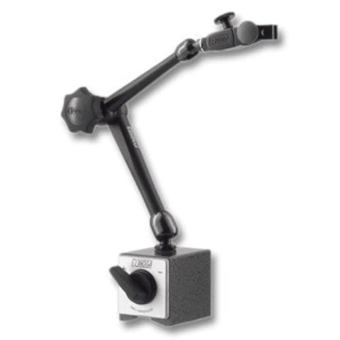 Heavy Duty Magnetic Base Holder With Fine Top Adjustment And Universal Swivel Clamp Handles Three Eighths Inch Six Millimeters Eight Millimeters And Dovetail Central Locking Bearing 70 Pound Magnetic Bottom Arm Two Point Two Inches Top Arm Two Inches on white background