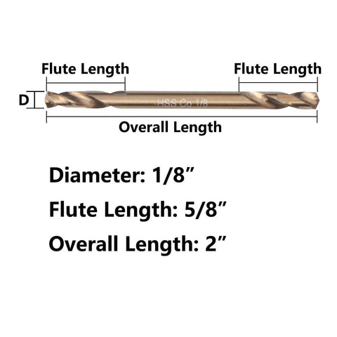 One Eighth Inch Cobalt Drill Bit Set 20 Piece Pro Grade M35 HSS High Speed Steel showing dimensions and flute length