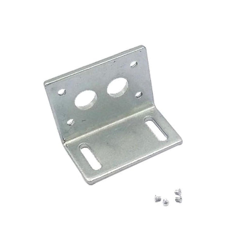 Bringsmart motor mounting bracket, zinc-plated steel, L-shaped with round and slotted holes; screws.