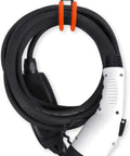 Keep Your EV Charging Cord Squared Away With This Rugged Wall Mount J Hook That Hangs Electric Vehicle Cables Up High To Dodge Rain And Dust For Stress Free Plugging Whenever You Need It - close-up of EV charging cord hung on wall mount.