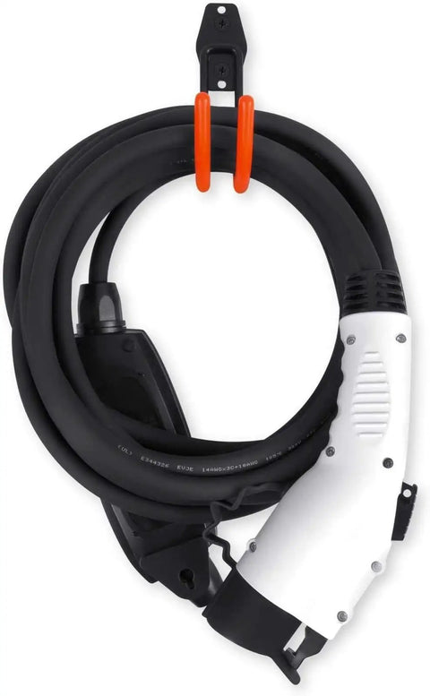 Keep Your EV Charging Cord Squared Away With This Rugged Wall Mount J Hook That Hangs Electric Vehicle Cables Up High To Dodge Rain And Dust For Stress Free Plugging Whenever You Need It - close-up of EV charging cord hung on wall mount.