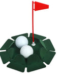 All Direction Golf Putting Cup with two golf balls, durable metal core, soft felt surface, easy setup for indoor and outdoor practice
