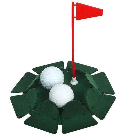 All Direction Golf Putting Cup with two golf balls, durable metal core, soft felt surface, easy setup for indoor and outdoor practice