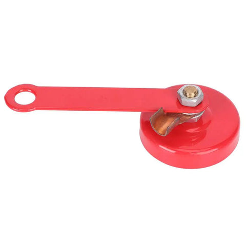 Heavy Duty 2 Inch Magnetic Welder Locator And Grounder Electrode Holder With Shock Resistant Plastic Shell For Easy Access Daily Workshop Welding Jobs, red magnetic base tool side view.