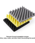 Top Shelf Blue 12 Pack Self Adhesive Egg Crate Acoustic Foam Panels For Wall Soundproofing Echo Control in gray, yellow, and black.