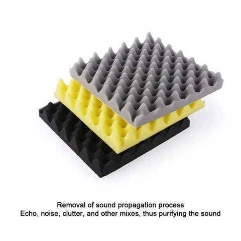 Top Shelf Blue 12 Pack Self Adhesive Egg Crate Acoustic Foam Panels For Wall Soundproofing Echo Control in gray, yellow, and black.