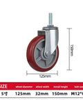 Rugged Heavy Duty Swivel Casters With M12 Threaded Studs Dead Silent Pu Wheels secure locking brakes, 125mm diameter, side view.