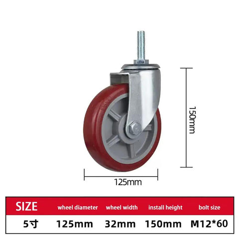 Rugged Heavy Duty Swivel Casters With M12 Threaded Studs Dead Silent Pu Wheels secure locking brakes, 125mm diameter, side view.