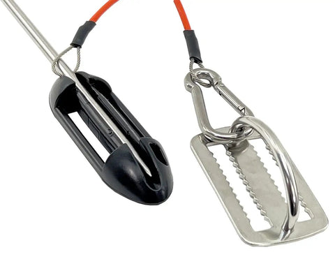 Close-up of Spearfishing Stringer For Fish With 33 Inch Coated Stainless Cable And Heavy Duty Carabiner Belt Attachment
