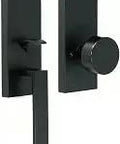 Leighton Matte Black Entry Door Handle Set With Lock, sleek modern front door hardware shown in full view, keyed entry, residential grade.