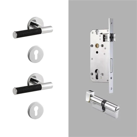 Lychee Skin Brass Black Door Lock Set With Dummy Handle and metal components for modern interiors