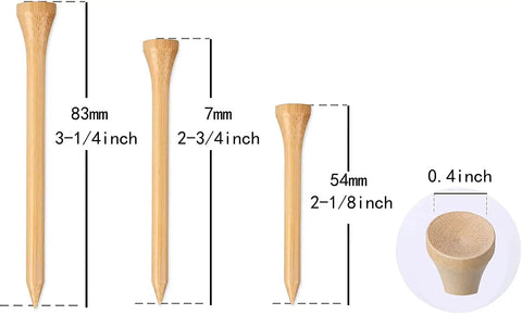 Pro Grade Bamboo Golf Tees Two And Three Quarters Inch Pack Of One Hundred Built To Last On The Course Biodegradable And Low Friction Natural Color Tees Stronger Than Wood Reusable For Consistent Drives And Smooth Swings shown in varying sizes with measurements