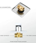 Single Function Shower Trim Kit With Rough In Valve In Polished Chrome Square Stainless Steel Rain Shower Head Brass Wall Mount Valve Half Inch NPT Luxury Adjustable Rainfall Shower System No Fuss Install showing brass concealed body and chrome connectors.