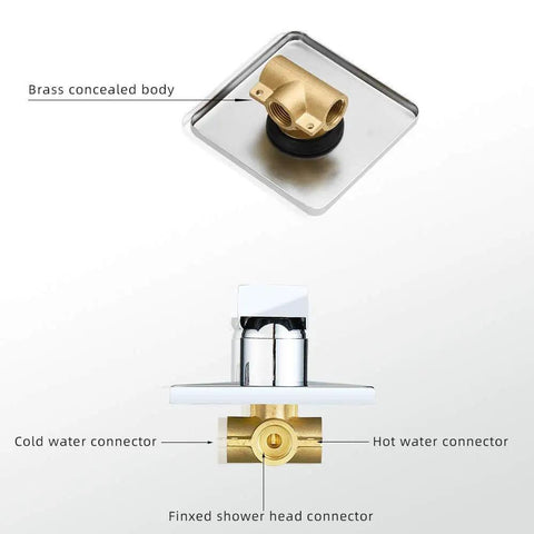 Single Function Shower Trim Kit With Rough In Valve In Polished Chrome Square Stainless Steel Rain Shower Head Brass Wall Mount Valve Half Inch NPT Luxury Adjustable Rainfall Shower System No Fuss Install showing brass concealed body and chrome connectors.