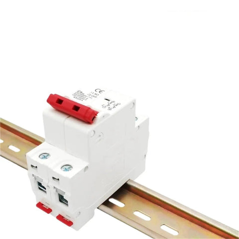 Badass Din Rail Circuit Breaker Featuring Killer Solar Panel Overload Protection Switch for RV Campers and Homes With Beefy Automatic Air Switch Up to 63 Amps 500V Rating mounted on a rail.