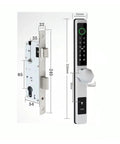 Sleek Fingerprint Smart Lock For Narrow Doors Features Zero Fumble Keyless Entry showing dimensions and design for easy installation.