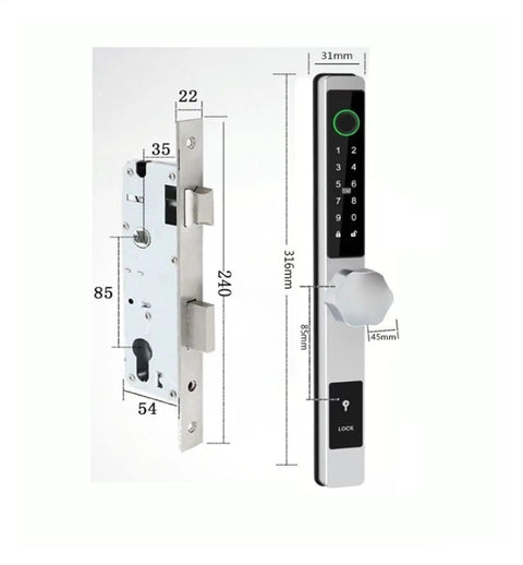 Sleek Fingerprint Smart Lock For Narrow Doors Features Zero Fumble Keyless Entry showing dimensions and design for easy installation.