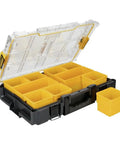 ToughSystem Tool Organizer 2.0 Full-Size with 10 Compartments, open view showing removable yellow cups and clear lid