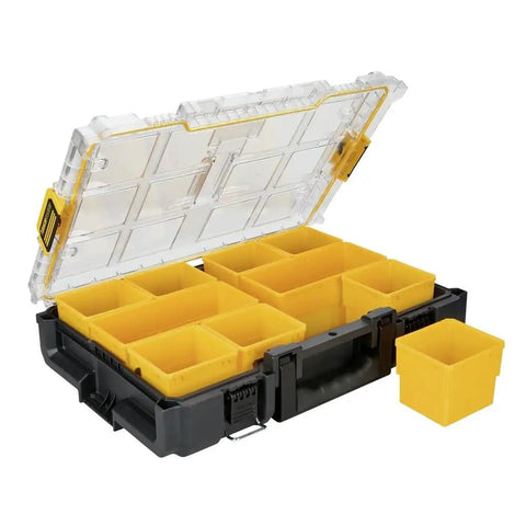 ToughSystem Tool Organizer 2.0 Full-Size with 10 Compartments, open view showing removable yellow cups and clear lid