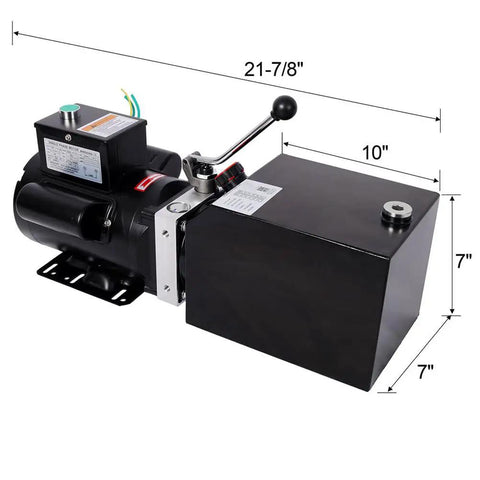 Greron 12V DC Single Acting Hydraulic Pump With Steel Reservoir Power Unit, dimensions 21-7/8 x 10 x 7 inches, for reliable lifting.