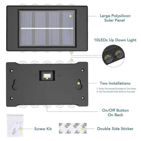 Diagram of Six Pack Solar Outdoor Lights With 10 LED Waterproof Dusk To Dawn Fence Wall Deck Step Lighting Garden Pathway Yard Patio Warm White Glow For Outdoor Spaces, showing solar panel, LED positioning, and installation parts.