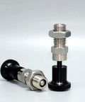 Pro Grade M12 Self Locking Ball Nose Spring Plunger With Knurled Thumb Wheel And Hex Lock Nut For Rapid Workholding, stainless steel construction.