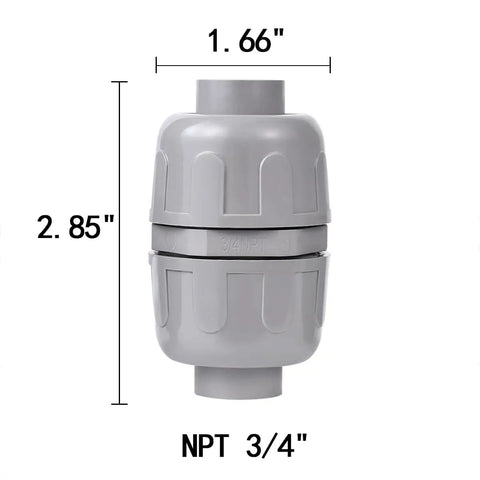 NPT Three Quarter Inch Liquid Tight PVC Conduit Connector Double Ended Straight Through 180 Degree Two Way Fittings, dimensions shown