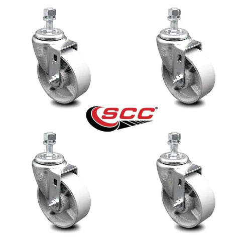 Beefy Heavy Duty Semi Steel Cast Iron Swivel Caster Set Of 4 With 4 Inch By 1.25 Inch Silver Wheels And 12mm Threaded Stems