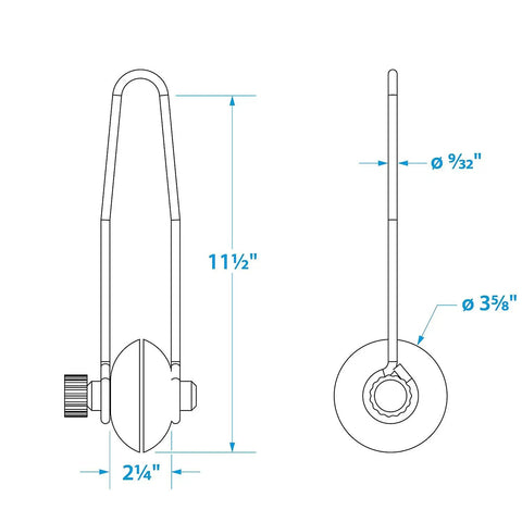 Technical drawing of Universal Round Motor Flusher For Outboards And Inboards, Flexible Rubber Cup Design, side and front view.