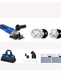 Plug And Play 500W Mini Circular Saw With Precision Guide Rail Track For No Sweat Wood Metal Tile Plunge Cutting Three Blades Included with accessories.