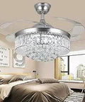 42 Inch Invisible Ceiling Fan Chandelier With Light, Modern Crystal Ceiling Fan Light Remote Control, 4 Retractable ABS Blades in bedroom