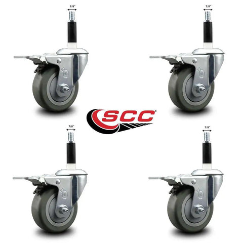 Tough As Nails Polyurethane Swivel Casters With Total Locking Brakes And Smooth Rolling 3.5 Inch Gray Wheels, Heavy Duty 300 Lbs Capacity Per Unit, 7/8 Inch Expanding Stems, Bad Ass Mobility Set Of 4, showcasing durable gray wheels and stem.
