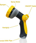 Front view of a yellow and black garden hose spray nozzle with adjustable spray dial and on/off switch.
