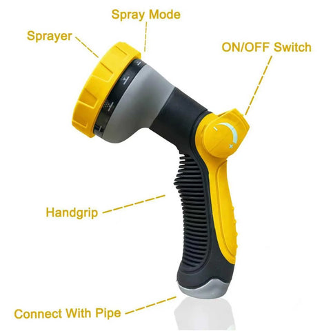 Front view of a yellow and black garden hose spray nozzle with adjustable spray dial and on/off switch.