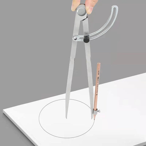 Tough As Nails All Metal Drafting Compass With Adjustable Wing Divider And Secure Pencil Holder in use on white paper.