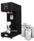 Top Notch Electric Can Sealer Machine With Smart LCD Display And Adjustable Height For Perfectly Sealing Beverages Like Juice, Bubble Tea, And Beer Using Durable Stainless Steel Build In Sleek White And Black Finish, featuring a black design and six aluminum cans.