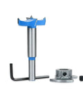 Front view of WZFC adjustable carbide hinge-hole drill, 30mm diameter, blue head, silver shaft with hex key and base