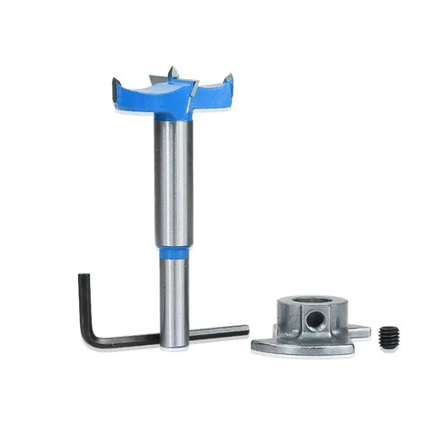 Front view of WZFC adjustable carbide hinge-hole drill, 30mm diameter, blue head, silver shaft with hex key and base